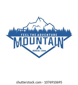 Rock mountain and pine forest with simple typography. Suit for logotype, badge, emblem, marketing material, company logo, etc