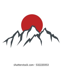 Rock mountain  silhouette vector illustration  with sun isolated on white background