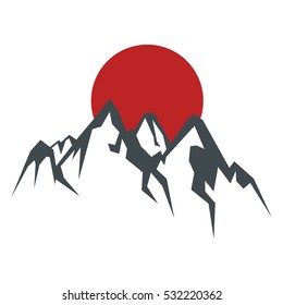 Rock mountain  silhouette vector illustration  with sun isolated on white background