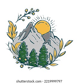 Rock Mountain with Threes and Leaves Vector Illustration