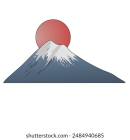 Rock mountain vector illustration with sun and snow on the peak isolated on white background