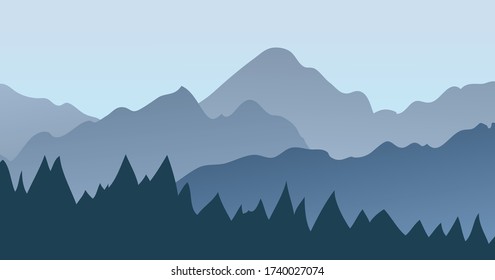 Rock Mountains in fog with Forest. Blue Panoramic Landscape Background. Vector illustration.