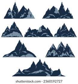 Rock mountains vector set. Mountain rocky peaks of different shapes flat cartoon silhouettes.