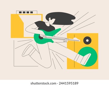 Rock music abstract concept vector illustration. Rock-and-roll concert, rock music festival culture, record store, live performance, garage recording studio, band rehearsal abstract metaphor.
