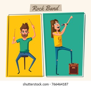 Rock music band character. Old school party. Cartoon vector illustration.