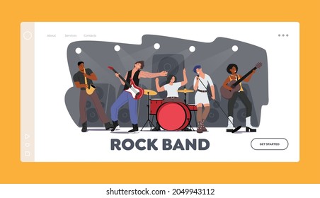 Rock Music Band Concert Landing Page Template. Artists Characters with Musical Instruments, Girl Singing Song, Guitar and Sax Player Accompany. Talent Show on Stage. Cartoon People Vector Illustration