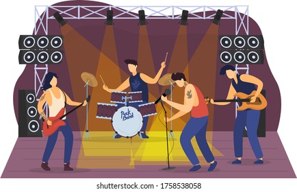 Rock music band give concert, friend group together perform hard melody and dance isolated on white, flat vector illustration. Street concert scene, people together play musical accompaniment.