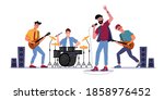 Rock music band, musicians playing on guitars, drum set and singer with microphone, soloist singing songs. Vector music players perform on electric string instruments, man sing in mic, jazz group