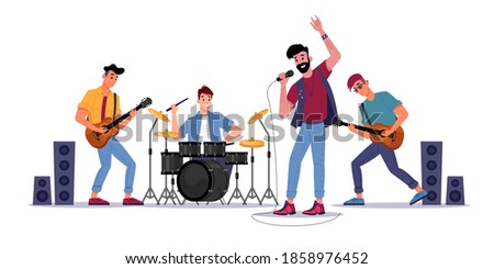 Rock music band, musicians playing on guitars, drum set and singer with microphone, soloist singing songs. Vector music players perform on electric string instruments, man sing in mic, jazz group