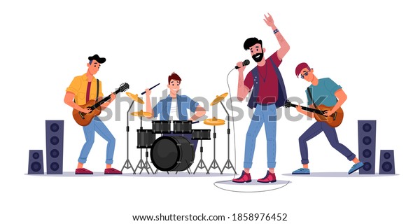 Rock music band, musicians playing on guitars, drum\
set and singer with microphone, soloist singing songs. Vector music\
players perform on electric string instruments, man sing in mic,\
jazz group