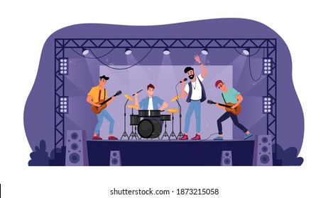 Rock music band on open stage isolated musicians playing on guitars, drum set and singer with microphone. Vector music players perform on electric string instruments, man sing in mic, jazz group party