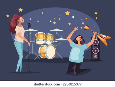 Rock music band on stage event. Vector flat graphic design element concept illustration