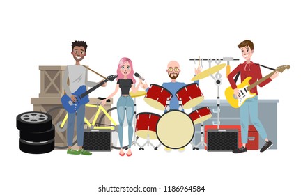 Rock music band play song on the street. Young musician make a show. Playing guitar and drum. Female singer with pink hair. Isolated vector flat illustration