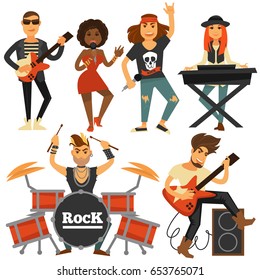 Rock music band singer, bass guitarist and percussion player vector flat icons