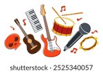 Rock music band vector flat illustration isolated over white background, hard rock and heavy metal live sound festival or concert, rock n roll musical band playing, night club party.