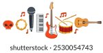 Rock music band vector flat illustration isolated over white background, hard rock and heavy metal live sound festival or concert, rock n roll musical band playing, night club party.