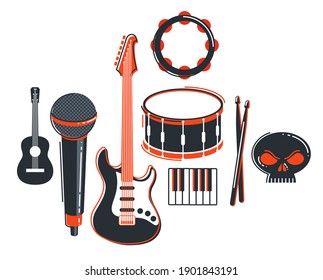 Rock music band vector flat illustration isolated over white background, hard rock and heavy metal live sound festival or concert, rock n roll musical band playing, night club party.