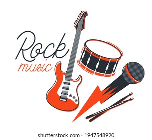 Rock music band vector flat illustration isolated over white background, hard rock and heavy metal live sound festival or concert, rock n roll musical band playing, night club party.