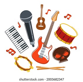 Rock music band vector flat illustration isolated over white background, hard rock and heavy metal live sound festival or concert, rock n roll musical band playing, night club party.