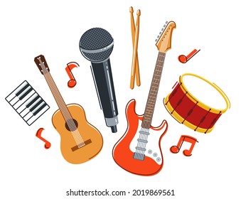 Rock music band vector flat illustration isolated over white background, hard rock and heavy metal live sound festival or concert, rock n roll musical band playing, night club party.