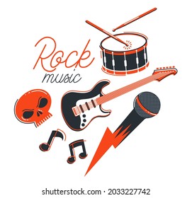 Rock music band vector flat illustration isolated over white background, hard rock and heavy metal live sound festival or concert, rock n roll musical band playing, night club party.