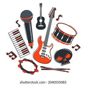 Rock music band vector flat illustration isolated over white background, hard rock and heavy metal live sound festival or concert, rock n roll musical band playing, night club party.