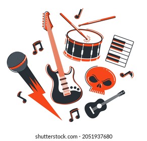 Rock music band vector flat illustration isolated over white background, hard rock and heavy metal live sound festival or concert, rock n roll musical band playing, night club party.