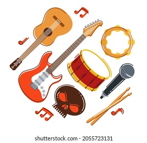 Rock music band vector flat illustration isolated over white background, hard rock and heavy metal live sound festival or concert, rock n roll musical band playing, night club party.