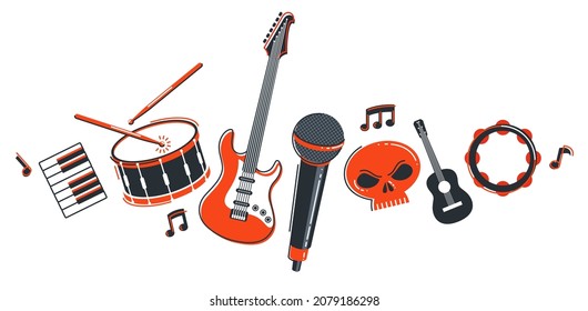 Rock music band vector flat illustration isolated over white background, hard rock and heavy metal live sound festival or concert, rock n roll musical band playing, night club party.