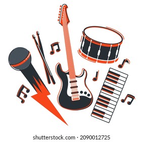 Rock music band vector flat illustration isolated over white background, hard rock and heavy metal live sound festival or concert, rock n roll musical band playing, night club party.