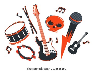 Rock music band vector flat illustration isolated over white background, hard rock and heavy metal live sound festival or concert, rock n roll musical band playing, night club party.