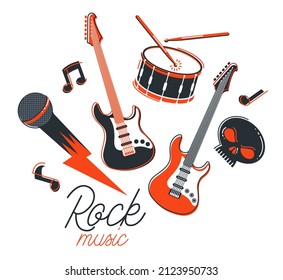 Rock music band vector flat illustration isolated over white background, hard rock and heavy metal live sound festival or concert, rock n roll musical band playing, night club party.