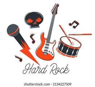 Rock music band vector flat illustration isolated over white background, hard rock and heavy metal live sound festival or concert, rock n roll musical band playing, night club party.