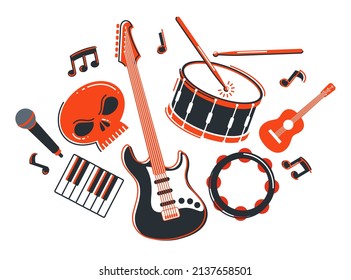 Rock music band vector flat illustration isolated over white background, hard rock and heavy metal live sound festival or concert, rock n roll musical band playing, night club party.