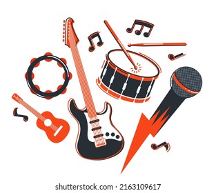 Rock music band vector flat illustration isolated over white background, hard rock and heavy metal live sound festival or concert, rock n roll musical band playing, night club party.