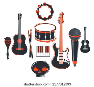 Rock music band vector flat illustration isolated over white background, hard rock and heavy metal live sound festival or concert, rock n roll musical band playing, night club party.