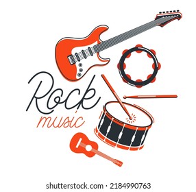 Rock music band vector flat illustration isolated over white background, hard rock and heavy metal live sound festival or concert, rock n roll musical band playing, night club party.