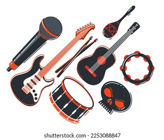 Rock music band vector flat illustration isolated over white background, hard rock and heavy metal live sound festival or concert, rock n roll musical band playing, night club party.