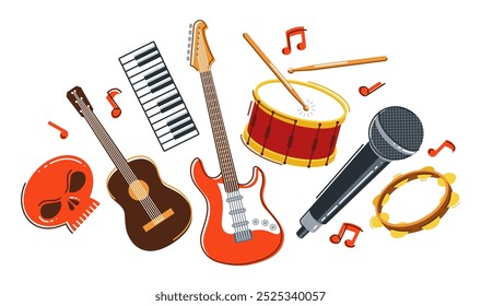 Rock music band vector flat illustration isolated over white background, hard rock and heavy metal live sound festival or concert, rock n roll musical band playing, night club party.