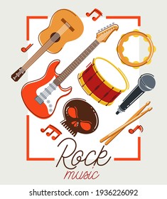 Rock music band vector poster flat illustration isolated over white background, hard rock and heavy metal live sound festival or concert flyer or advertising banner, rock n roll musical band playing.