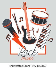 Rock music band vector poster flat illustration isolated over white background, hard rock and heavy metal live sound festival or concert flyer or advertising banner, rock n roll musical band playing.
