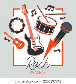 Rock music band vector poster flat illustration isolated over white background, hard rock and heavy metal live sound festival or concert flyer or advertising banner, rock n roll musical band playing.