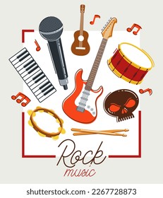 Rock music band vector poster flat illustration isolated over white background, hard rock and heavy metal live sound festival or concert flyer or advertising banner, rock n roll musical band playing.