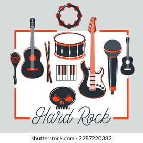 Rock music band vector poster flat illustration isolated over white background, hard rock and heavy metal live sound festival or concert flyer or advertising banner, rock n roll musical band playing.