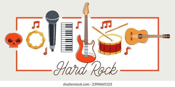 Rock music band vector poster flat illustration isolated over white background, hard rock and heavy metal live sound festival or concert flyer or advertising banner, rock n roll musical band playing.