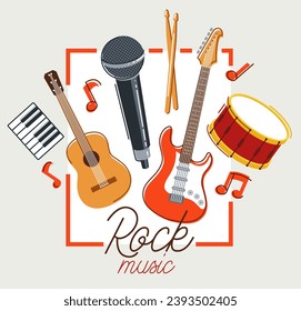 Rock music band vector poster flat illustration isolated over white background, hard rock and heavy metal live sound festival or concert flyer or advertising banner, rock n roll musical band playing.