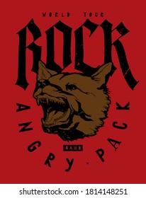 Rock music band world tour. Barking dog head. Gothic font typography t-shirt print.