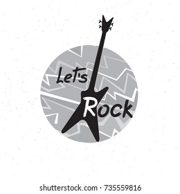 Rock music banner. Musical sign.  Let's rock lettering with guitar. Rock'n' roll label.