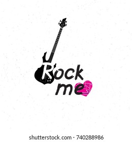 Rock music banner. Musical sign background. Rock lettering with heart and guitar. 