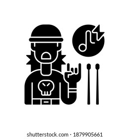 Rock music black glyph icon. Drumer boy in sweatshirt with skull. Wooden drum sticks. Hard songs types. Rock sign showing. Silhouette symbol on white space. Vector isolated illustration